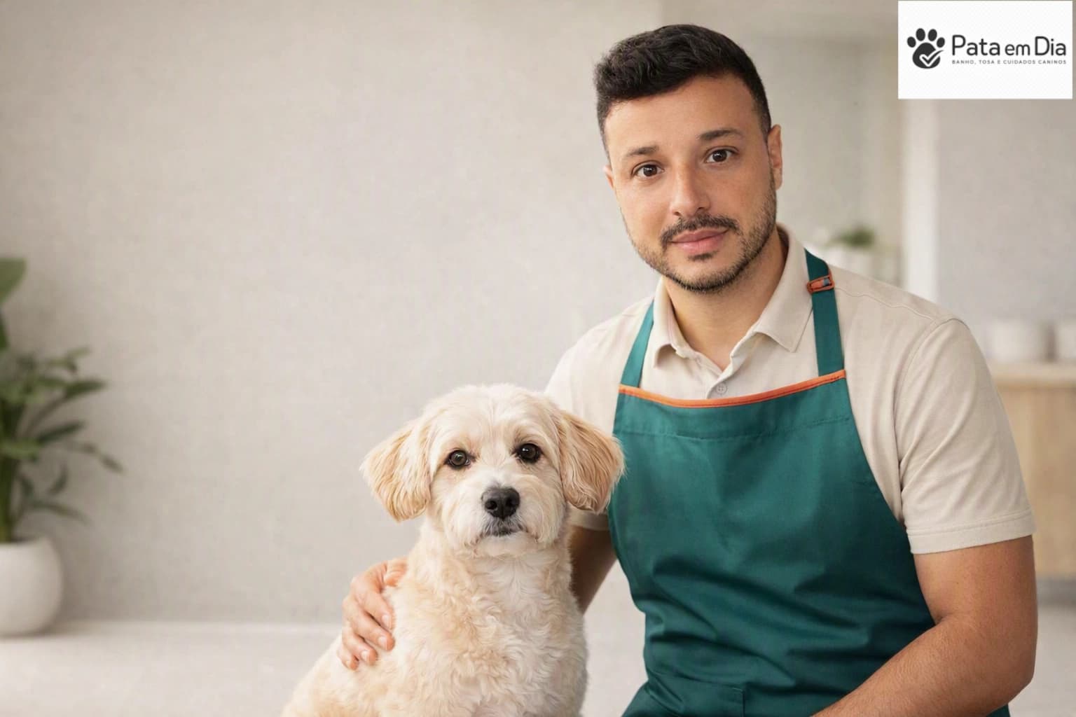 Rómulo Chaves Serra com avental profissional ao lado de um cachorro