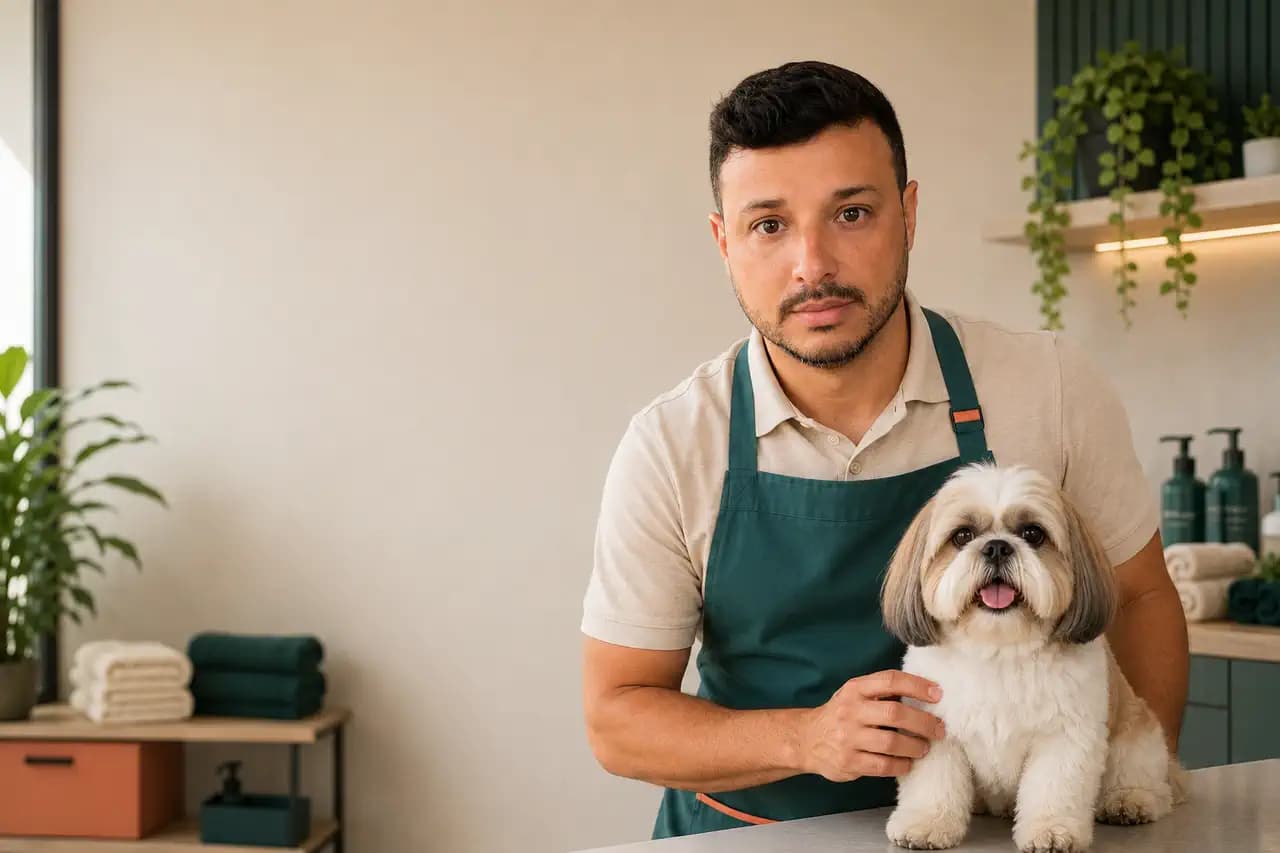 Rómulo Chaves Serra com avental profissional ao lado de um cachorro